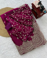 Designer Yellow & Wine Chiffon Silk Embroidery Work Saree With Blouse