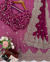 Designer Yellow & Wine Chiffon Silk Embroidery Work Saree With Blouse