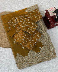 Designer Yellow & Wine Chiffon Silk Embroidery Work Saree With Blouse
