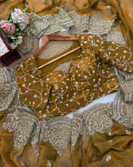 Designer Yellow & Wine Chiffon Silk Embroidery Work Saree With Blouse