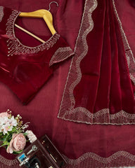 Designer Maroon Jimmy Silk Embroidery Work Saree With Blouse