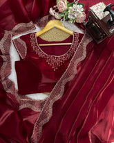 Designer Maroon Jimmy Silk Embroidery Work Saree With Blouse