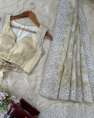 Designer Sand Jimmy Silk Coding Work Saree With Blouse