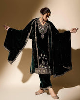 Exclusive Dark Green Velvet Sequence Work Pant Suit With Dupatta