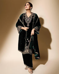 Exclusive Dark Green Velvet Sequence Work Pant Suit With Dupatta
