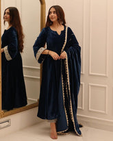 Exclusive Morpinch Velvet Sequence Work Pant Suit With Dupatta