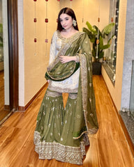 Green-Grey Chinon Silk Sequence Work Gharara Suit With Dupatta