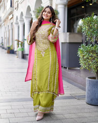 Lime Silk Embroidery Work Pant Suit With Pink Dupatta