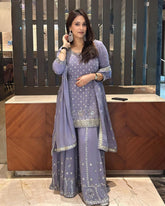 Lilac Soft Georgette Embroidery Work Sharara Suit With Dupatta