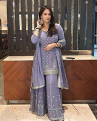 Lilac Soft Georgette Embroidery Work Sharara Suit With Dupatta