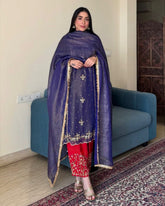 Exclusive Purple & Pink Gold Crush Embroidery Work Pant Suit With Dupatta