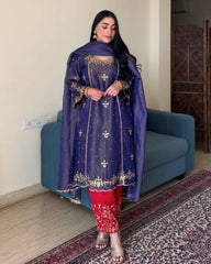 Exclusive Purple & Pink Gold Crush Embroidery Work Pant Suit With Dupatta