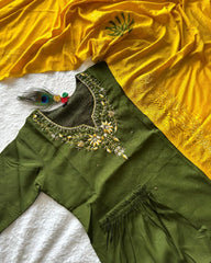 Ready To Wear Green-Yellow Roman Silk Hand Work Pant Suit With Dupatta