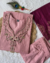 Designer Peach Roman Silk Emrboidery Work Pant Suit With Wine Dupatta