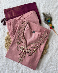 Designer Peach Roman Silk Emrboidery Work Pant Suit With Wine Dupatta