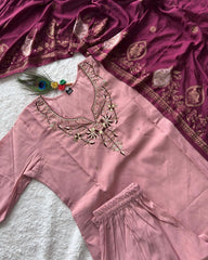 Designer Peach Roman Silk Emrboidery Work Pant Suit With Wine Dupatta