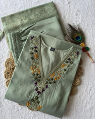 Designer Sage Green Roman Silk Emrboidery Work Pant Suit With Dupatta