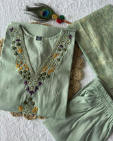 Designer Sage Green Roman Silk Emrboidery Work Pant Suit With Dupatta