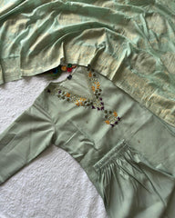 Designer Sage Green Roman Silk Emrboidery Work Pant Suit With Dupatta