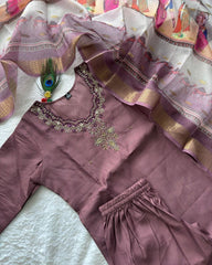 Ready To Wear Mauve Roman Silk Hand Work Pant Suit With Dupatta