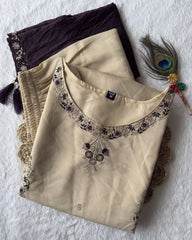 Ready To Wear Beige Roman Silk Hand Work Pant Suit With Dark Purple Dupatta