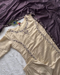 Ready To Wear Beige Roman Silk Hand Work Pant Suit With Dark Purple Dupatta
