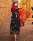 Exclusive Black Georgette Embroidery Work Pakistani Suit With Red Dupatta