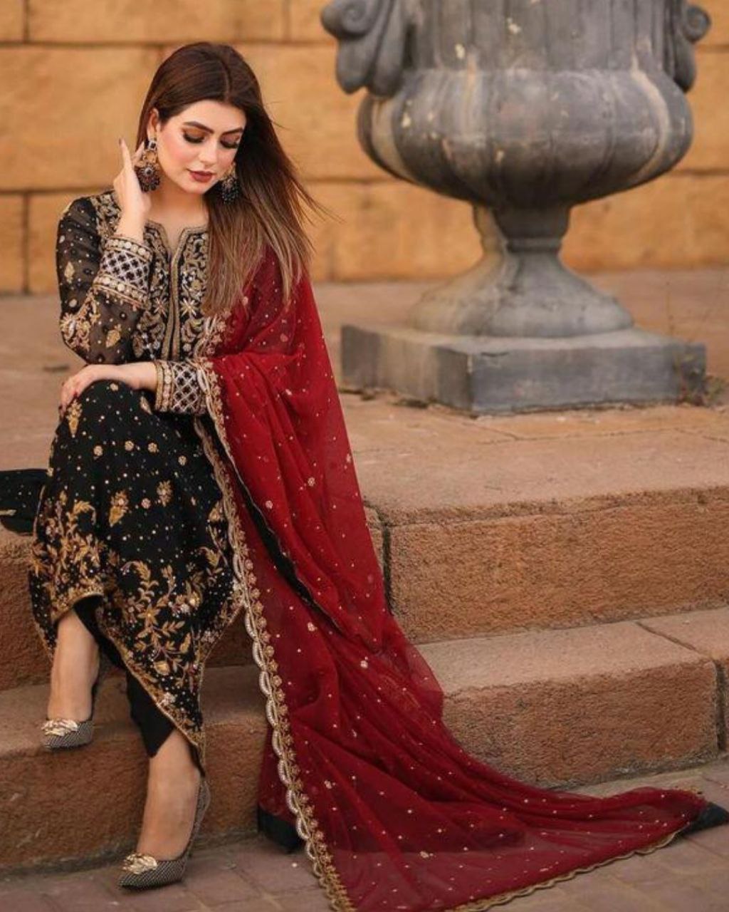 Black Georgette Pakistani Suit with Red Dupatta  Zara Ethnic