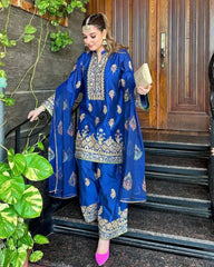 Royal Blue Chinon Silk Sequence Work Farshi Suit With Dupatta