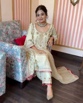 Cream Soft Georgette Embroidery Work Pant Suit With Dupatta