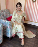 Cream Soft Georgette Embroidery Work Pant Suit With Dupatta