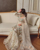 Exclusive White Soft Georgette Embroidery Work Gharara Suit With Dupatta