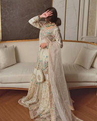 White Soft Georgette Embroidery Work Gharara Suit With Dupatta