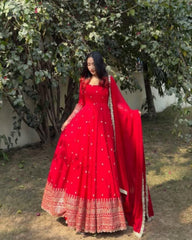 Designer Peach & Red Soft Georgette Embroidery Work Anarkali Gown With Dupatta