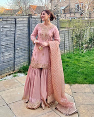 Peach Pink Chinon Silk Embroidery Work Gharara Suit With Dupatta