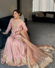 Peach Pink Chinon Silk Embroidery Work Gharara Suit With Dupatta