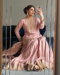 Peach Pink Chinon Silk Embroidery Work Gharara Suit With Dupatta