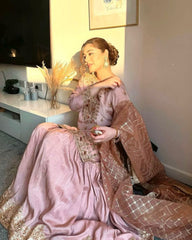 Peach Pink Chinon Silk Embroidery Work Gharara Suit With Dupatta