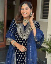 Exclusive Neavy Blue Velvet Embroidery Work Pant Suit With Dupatta