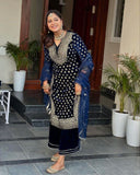 Exclusive Neavy Blue Velvet Embroidery Work Pant Suit With Dupatta