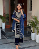 Exclusive Neavy Blue Velvet Embroidery Work Pant Suit With Dupatta