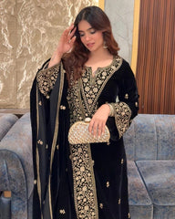 Exclusive Black & Maroon Velvet Sequence Work Pant Suit With Dupatta