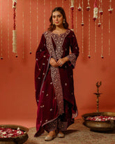 Exclusive Black & Maroon Velvet Sequence Work Pant Suit With Dupatta