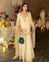 Exclusive Cream Chinon Silk Embroidery Work Sharara Suit With Dupatta