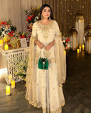 Exclusive Cream Chinon Silk Embroidery Work Sharara Suit With Dupatta