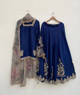 Exclusive Blue Chinon Silk Embroidery Work Sharara Suit With Dupatta