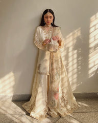 Exclusive Cream Chinon Silk Embroidery Work Sharara Suit With Dupatta