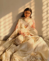 Exclusive Cream Chinon Silk Embroidery Work Sharara Suit With Dupatta
