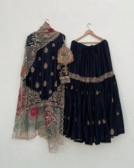 Exclusive Black Chinon Silk Embroidery Work Gharara Suit With Dupatta