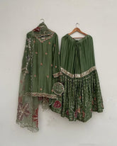 Exclusive Dhani Green Chinon Silk Embroidery Work Gharara Suit With Dupatta